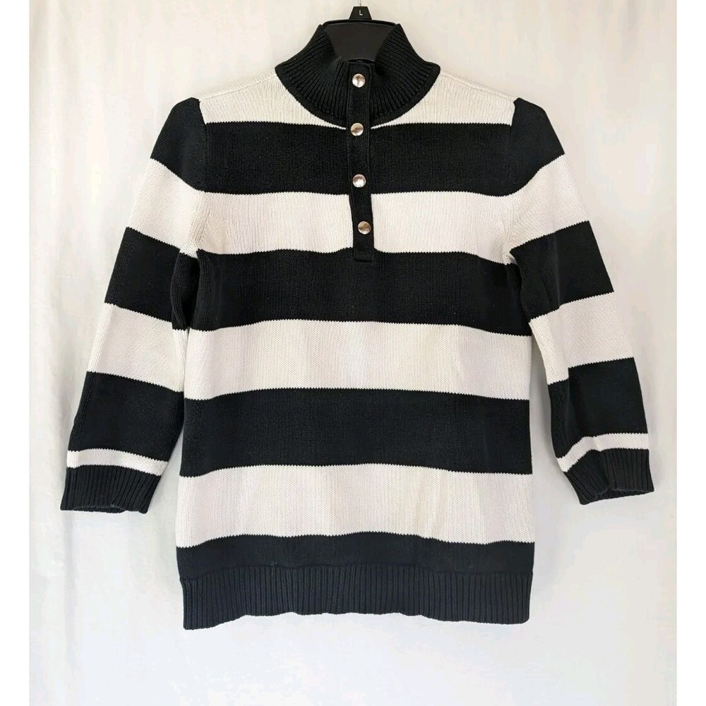 Chaps Woman's S Pullover Sweater White  Black Stripes 3/4 Sleeve Snaps Cotton